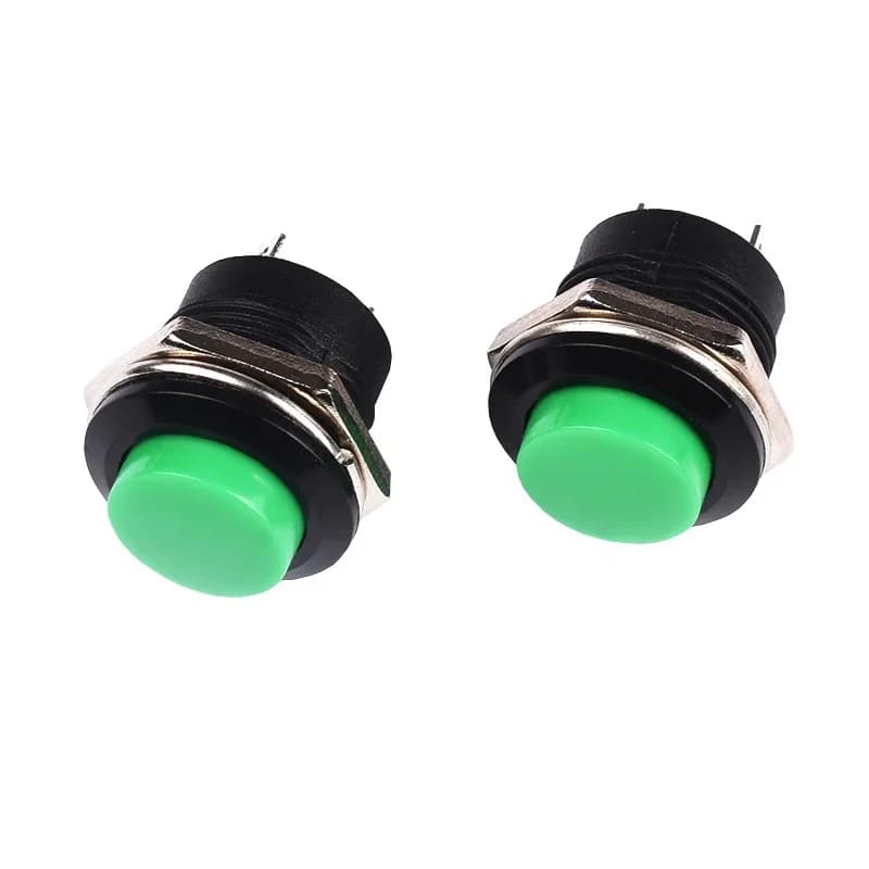R13-507 16mm round push button switch with 2-pin momentary self-reset action, shown in a professional industrial close-up.