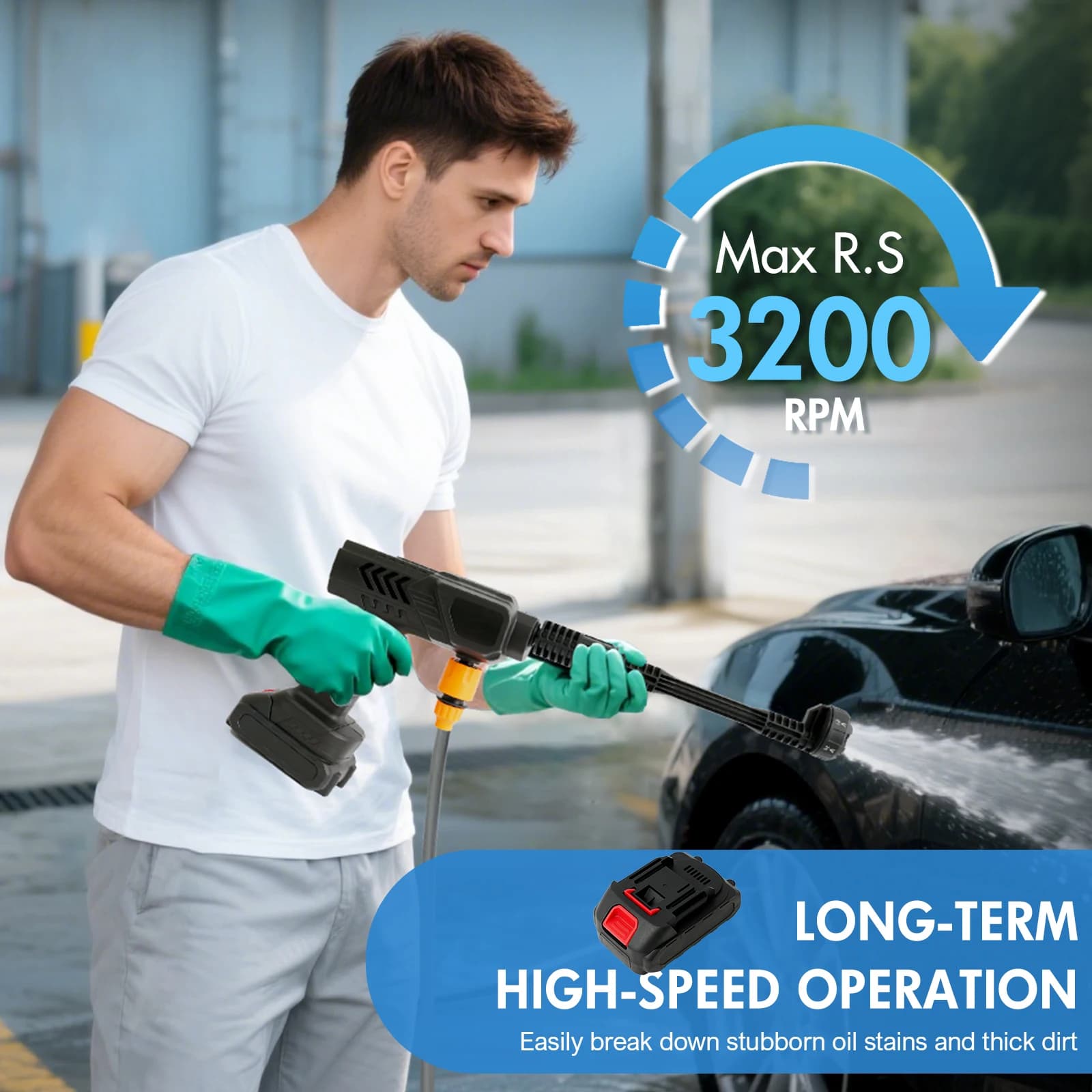 Pressure Washer | 21V 500PSI 6-in-1 Power Washer | 32.8FT Hose & 2 Batteries for Floor & Car - Thumbnail 3