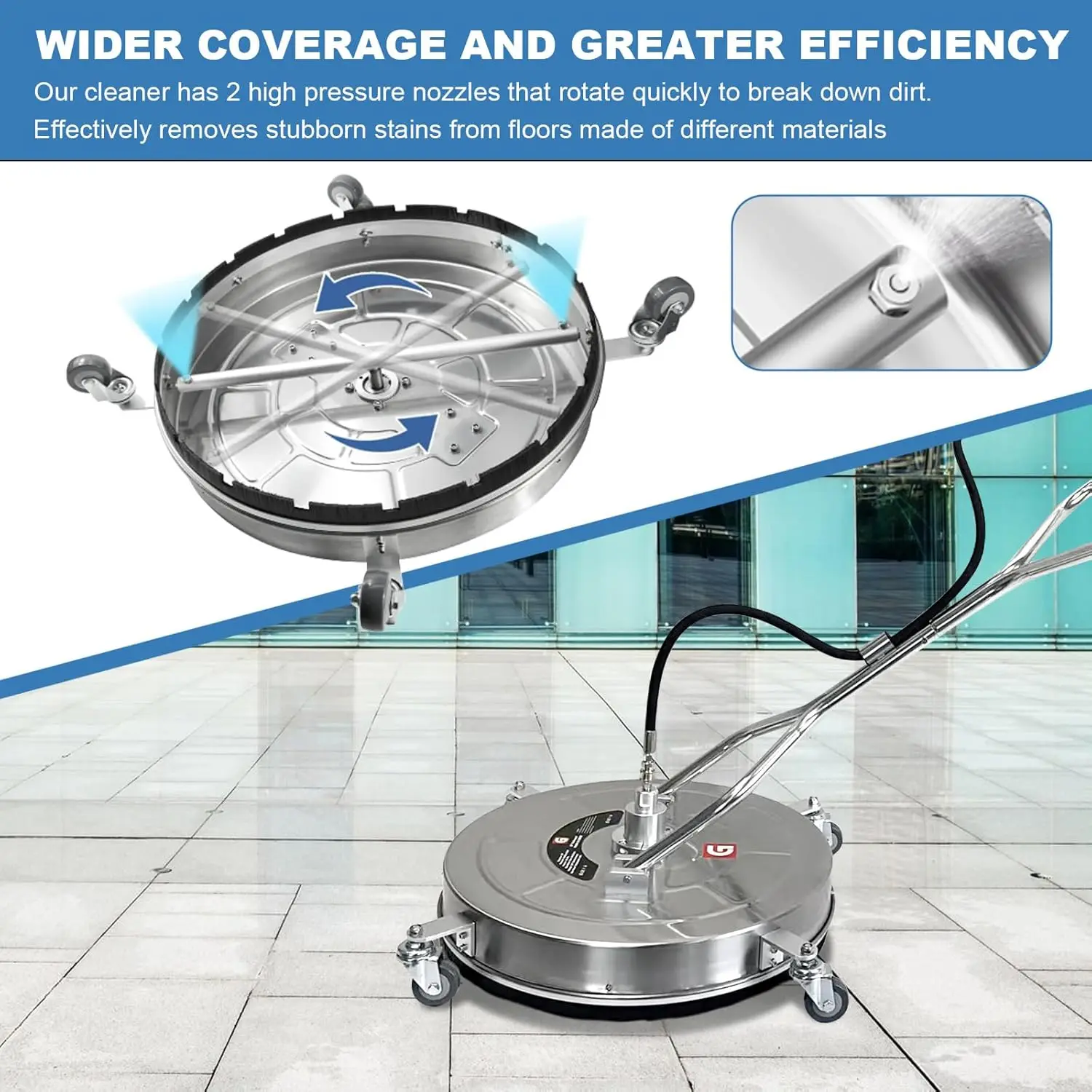 30'' Pressure Washer Surface Cleaner | 4-Wheel Stainless Steel | 5200PSI for Concrete & Driveways - Thumbnail 4