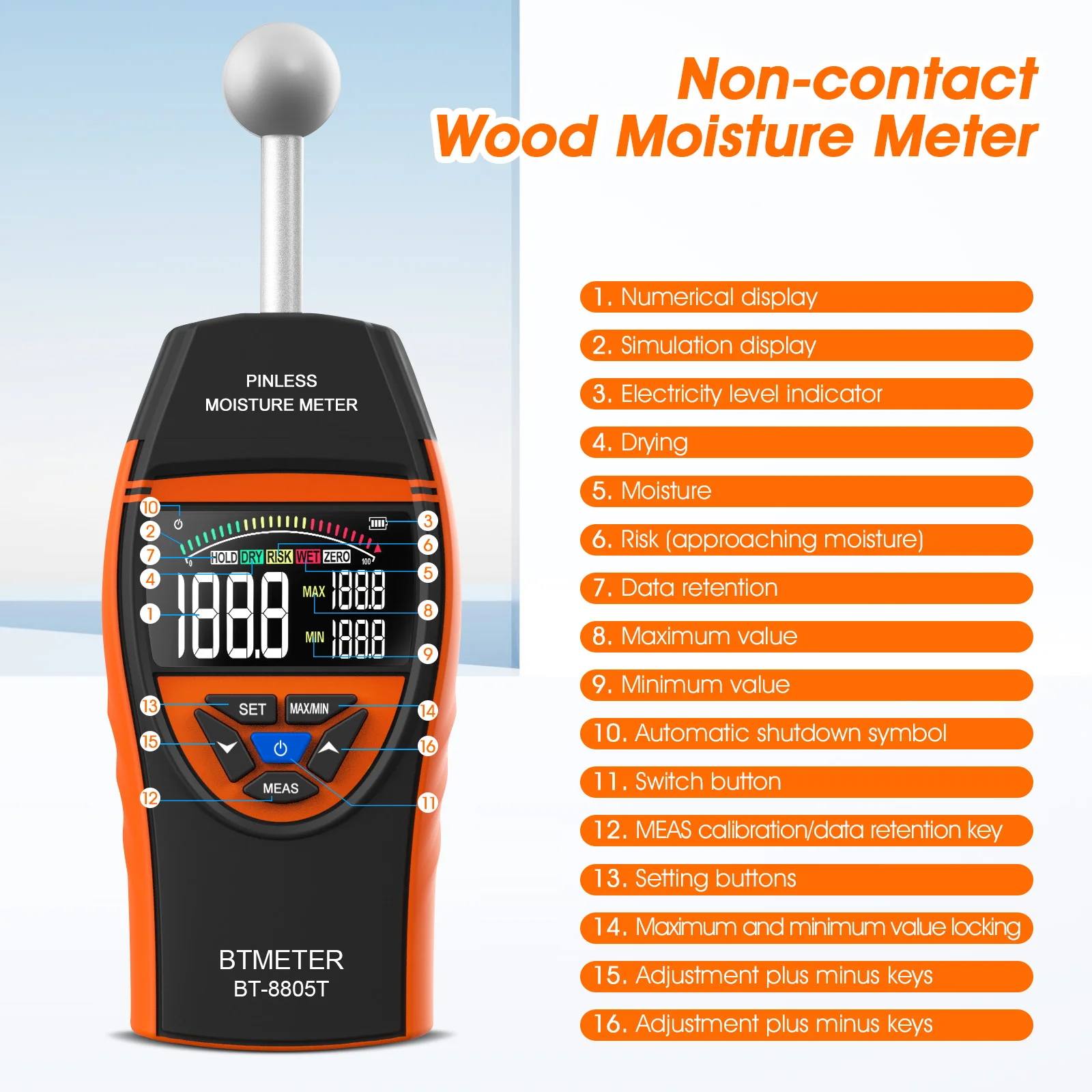 Pinless Wood Moisture Meter - Non-Contact Timber Damp Detector with LCD Screen - Thumbnail 3