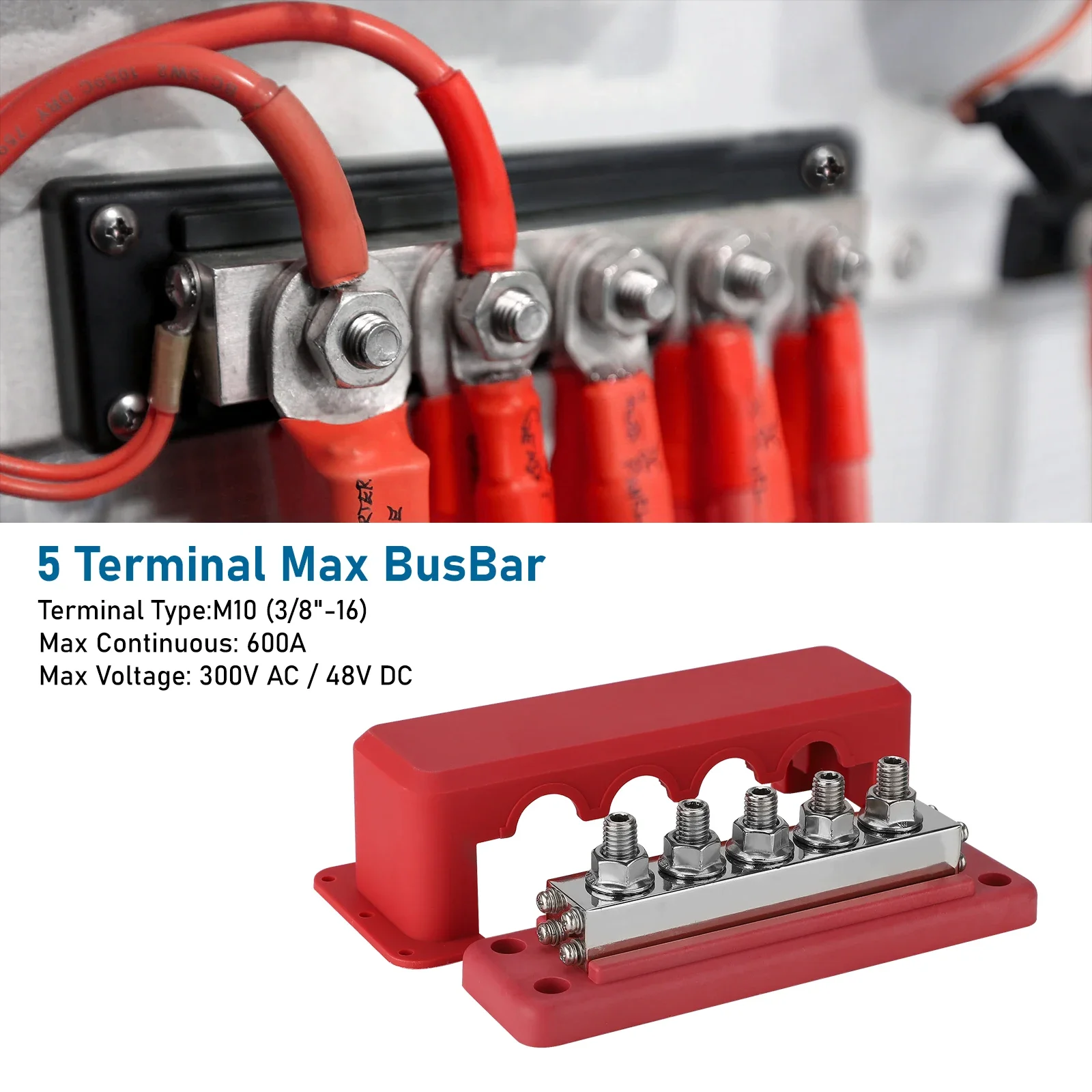 Heavy-Duty M10 Bus Bar Terminal Block | 5-Way Power Distribution | 600A 12-48V DC for RV, Marine & Truck - Thumbnail 4