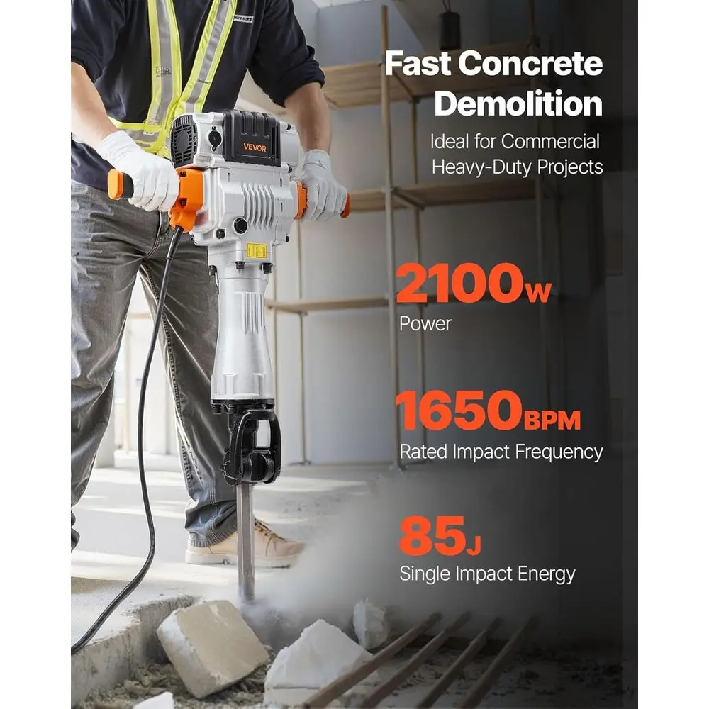 2100W Demolition Jackhammer | Heavy-Duty Concrete & Foundation Breaker with Chisel Kit - Thumbnail 2