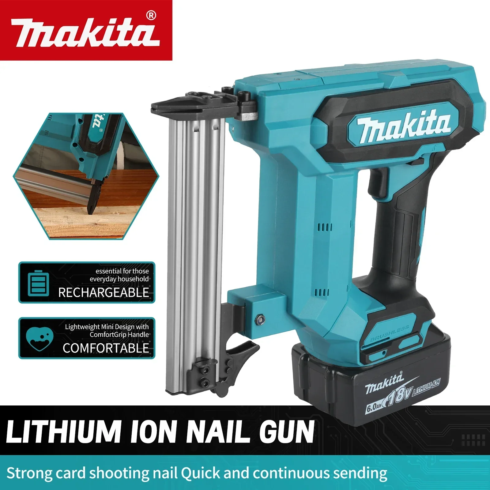 Makita 18V Cordless Brad Nailer | 6.0Ah Battery & 100-Nail Capacity | For Flooring, Trim & Woodworking - Thumbnail 2