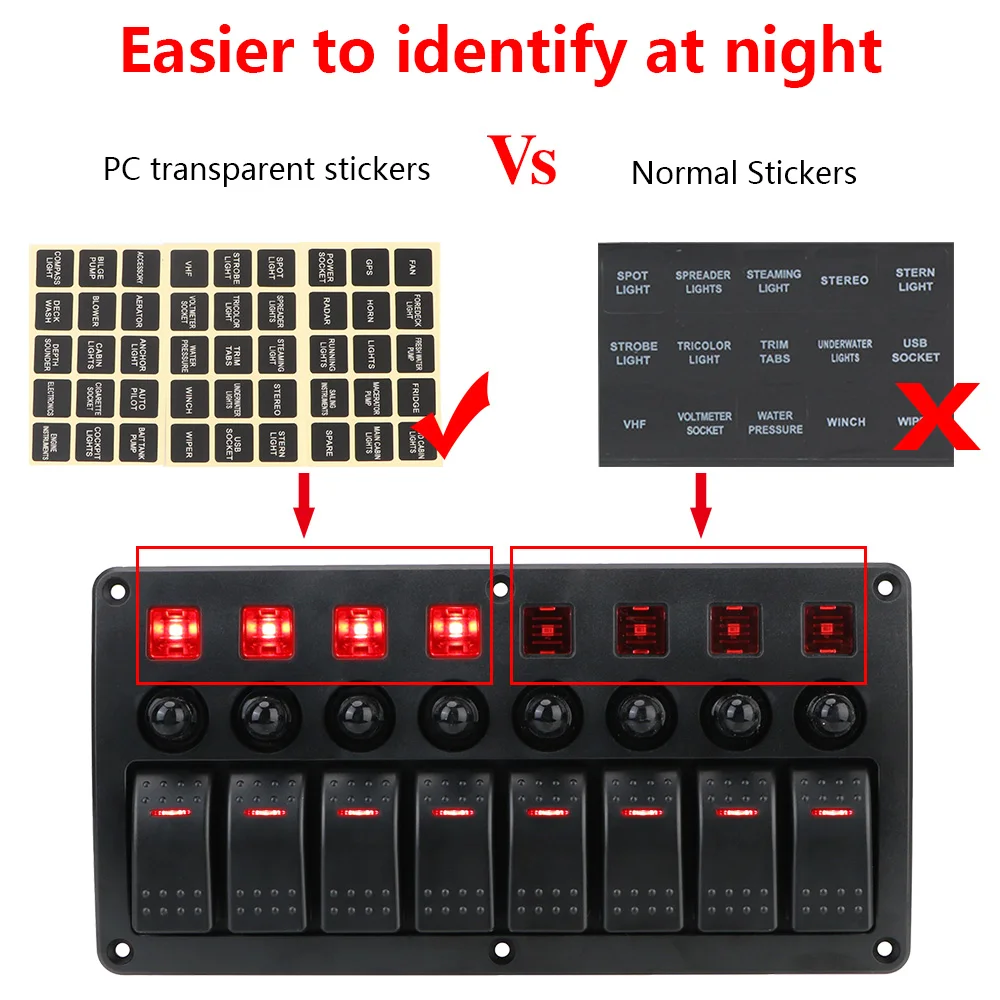 Overload Protection Waterproof Car Vehicle Truck RV SUVS Marine Circuit Breakers With Fuse 8 Gang LED Switch Panel 12/24V - Thumbnail 3