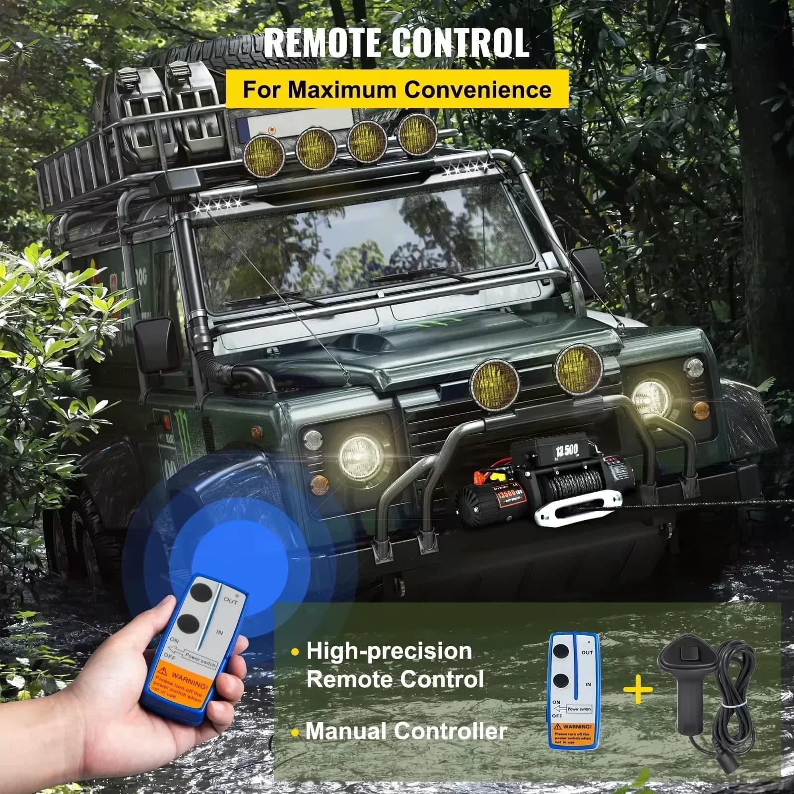 12V Electric Winch | 13500 lb Capacity | Synthetic Rope | 4x4, Truck & Off-Road Recovery - Thumbnail 4