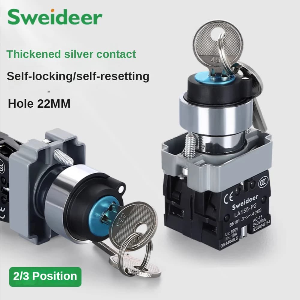 22mm Key Switch | Self-Locking & Reset Selector Knob | 1NO/2NO/1NO1NC Configurations - Thumbnail 2