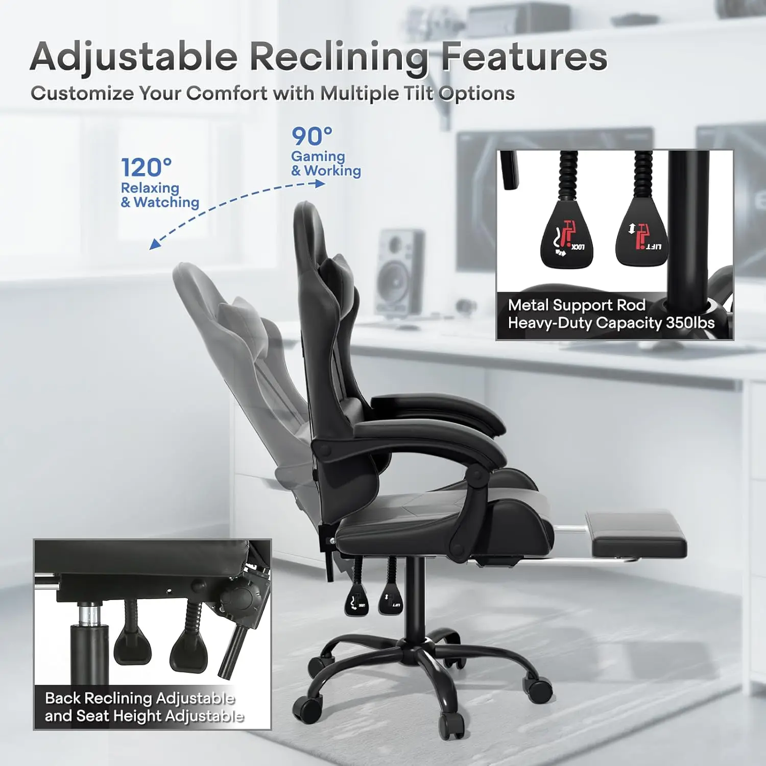 Gaming Chair with Footrest | Adjustable Headrest & Lumbar Support | Swivel Computer Chair - Thumbnail 3