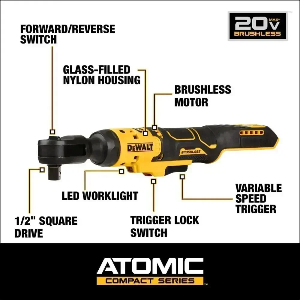 DeWalt DCF512 Atomic Cordless Ratchet Wrench | 1/2 Brushless Motor | Compact & High-Torque Design - Thumbnail 5