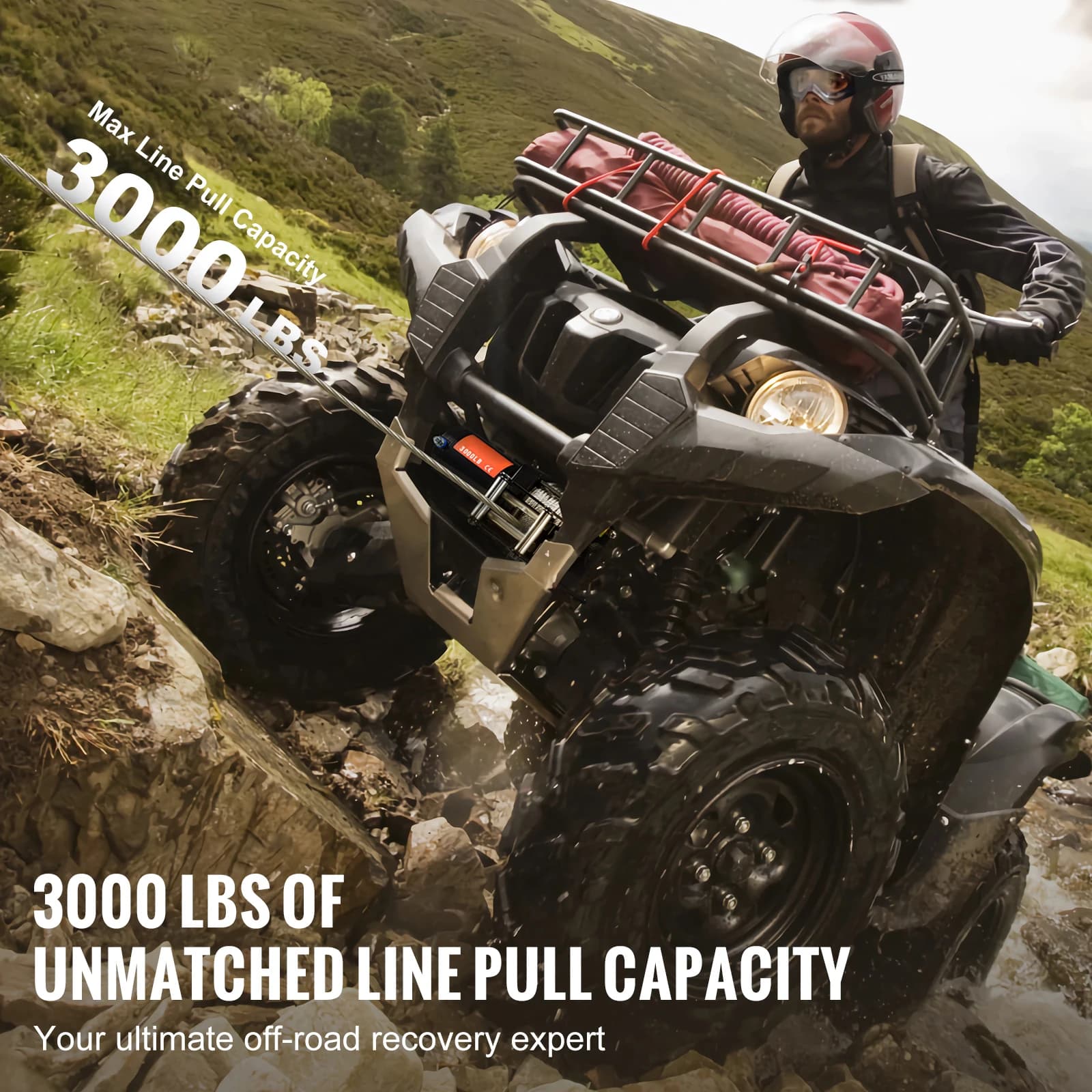 3000lb ATV Winch | 12V Heavy-Duty Electric Winch with Wired Remote & 39ft Steel Cable - Thumbnail 2