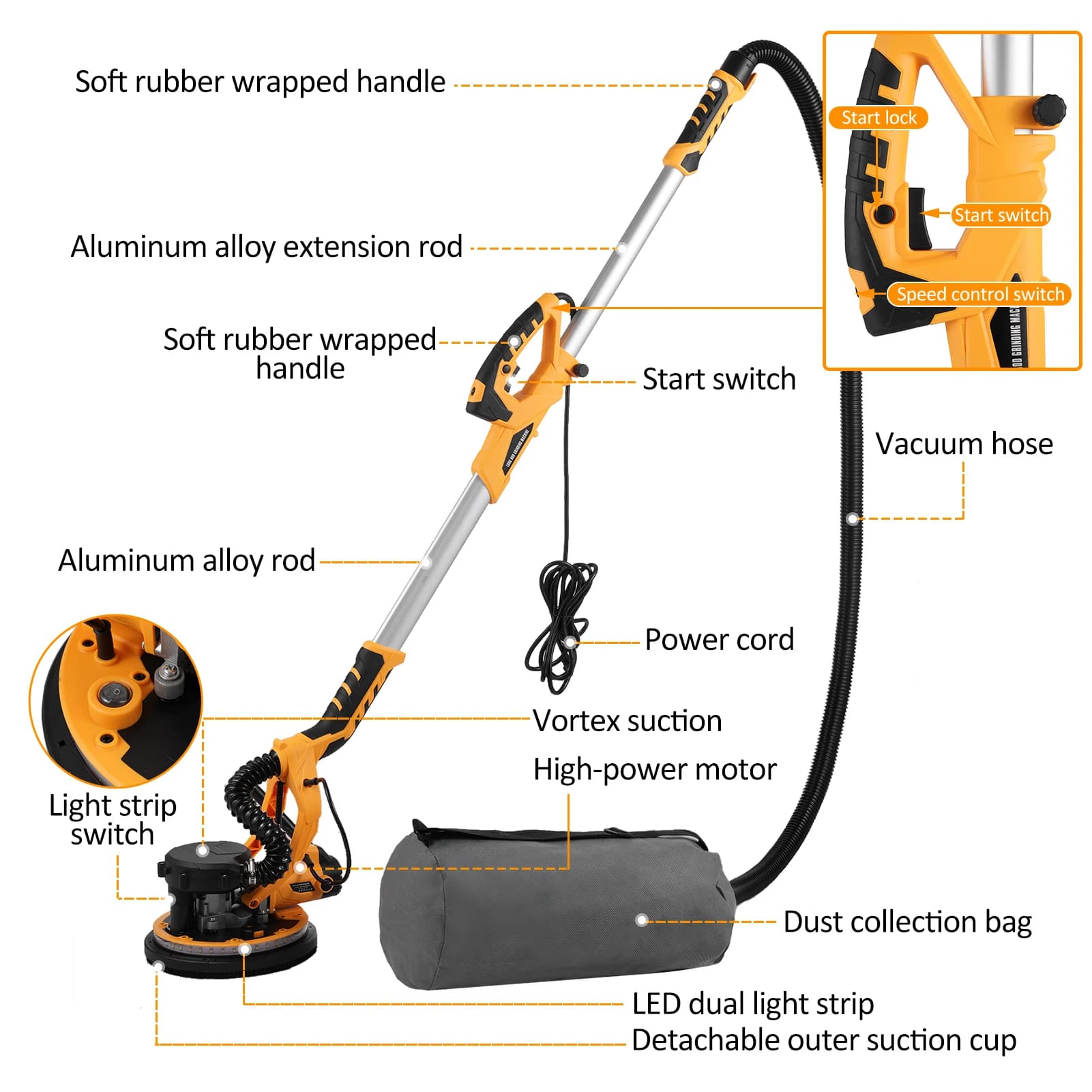 Drywall Sander | 5-Speed 800-1800 RPM | Extendable Handle with 20 Sanding Discs - Thumbnail 6