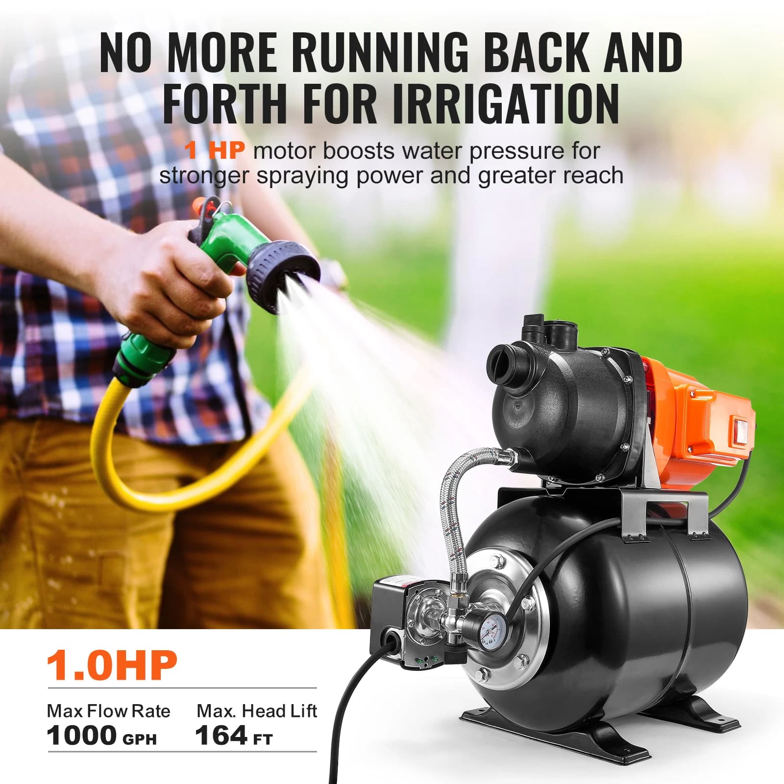 Heavy-Duty 1 HP Well Pump | 1000 GPH with 5 Gal Pressure Tank | Automatic Home Water Booster - Thumbnail 3
