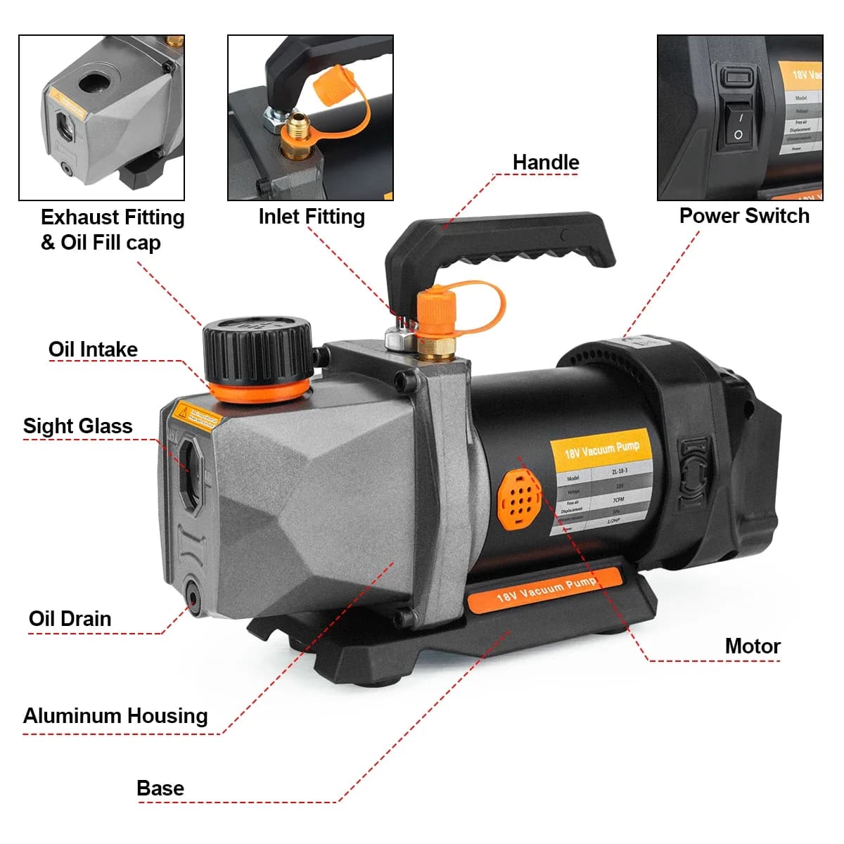 1/2HP 7CFM Vacuum Pump | For Makita 18V Battery | Refrigeration & AC Repair Tools - Thumbnail 3