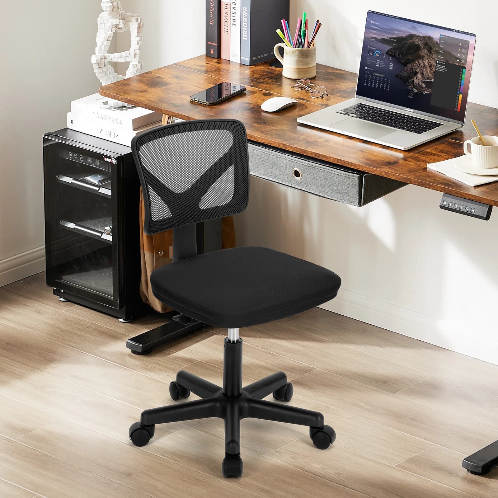 Armless Office Chair | Low Back with Lumbar Support | 360° Swivel Adjustable Computer Chair - Thumbnail 3