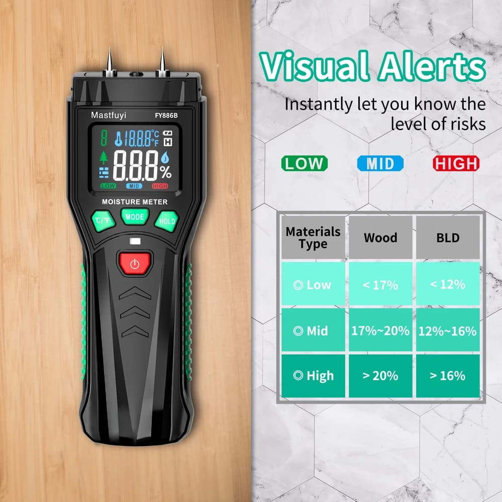 Moisture Meter for Wood & Building Materials | 0-60% Range with LED Alert | Pinless Detector for Drywall, Concrete, Lumber - Thumbnail 7