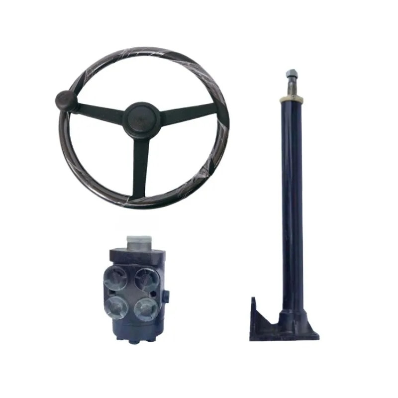 Heavy-duty four wheel tractor with modified hydraulic power steering system for enhanced control and maneuverability in industrial settings.