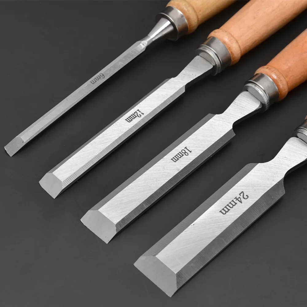 Wood Carving Chisel Set | 4-Piece Chrome-Vanadium Steel Blades | Ergonomic Beech Handles - Thumbnail 5