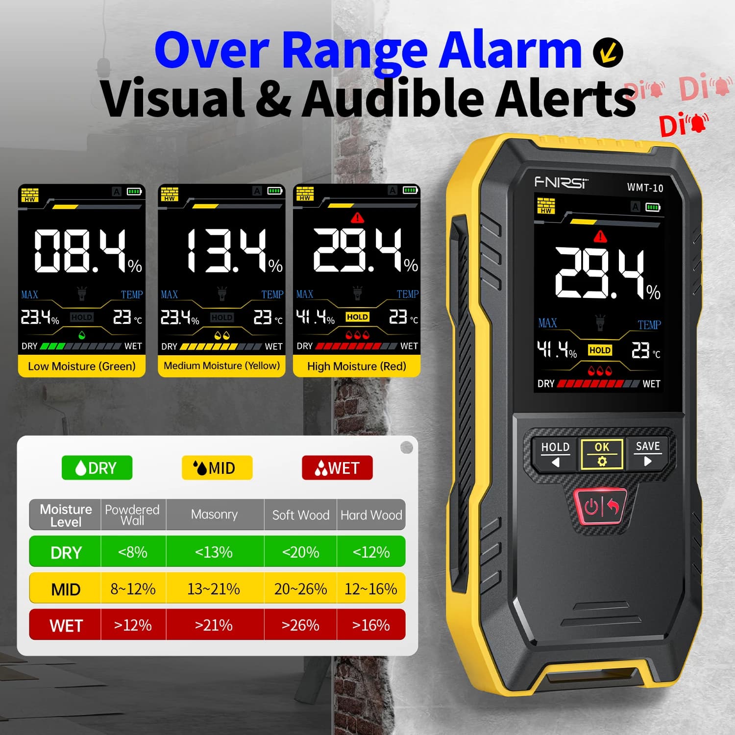 Wood Moisture Meter | Non-Contact Wall & Timber Detector | 17mm Depth | Humidity & Temperature Tester - Thumbnail 4