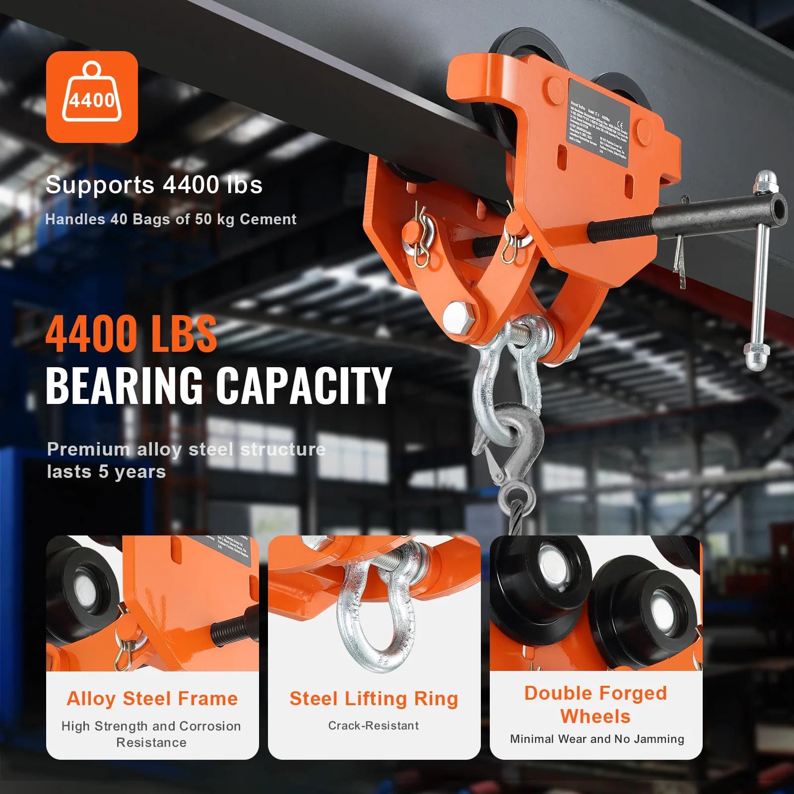 Heavy-Duty 2-Ton Beam Trolley | Alloy Steel Construction | For Straight & Curved I-Beams - Thumbnail 4