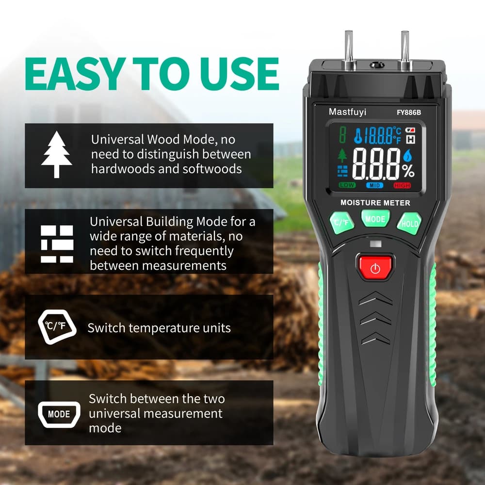 Moisture Meter for Wood & Building Materials | 0-60% Range with LED Alert | Pinless Detector for Drywall, Concrete, Lumber - Thumbnail 4