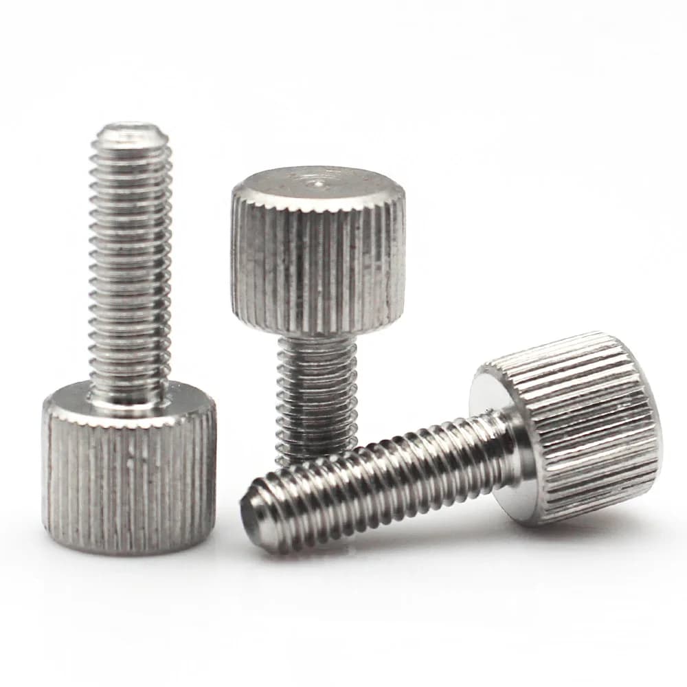Assortment of stainless steel knurled thumb screws in various sizes (M3 to M8) with round and flat heads for hand-tightening applications.