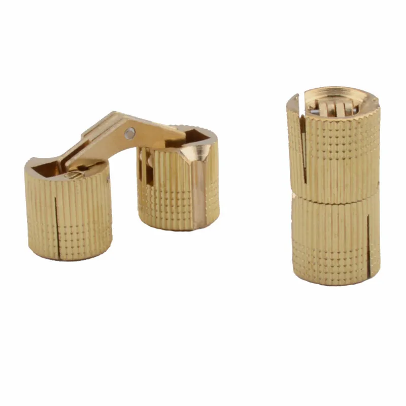 Copper barrel hinges for concealed installation providing invisible mounting for cabinet doors and furniture.