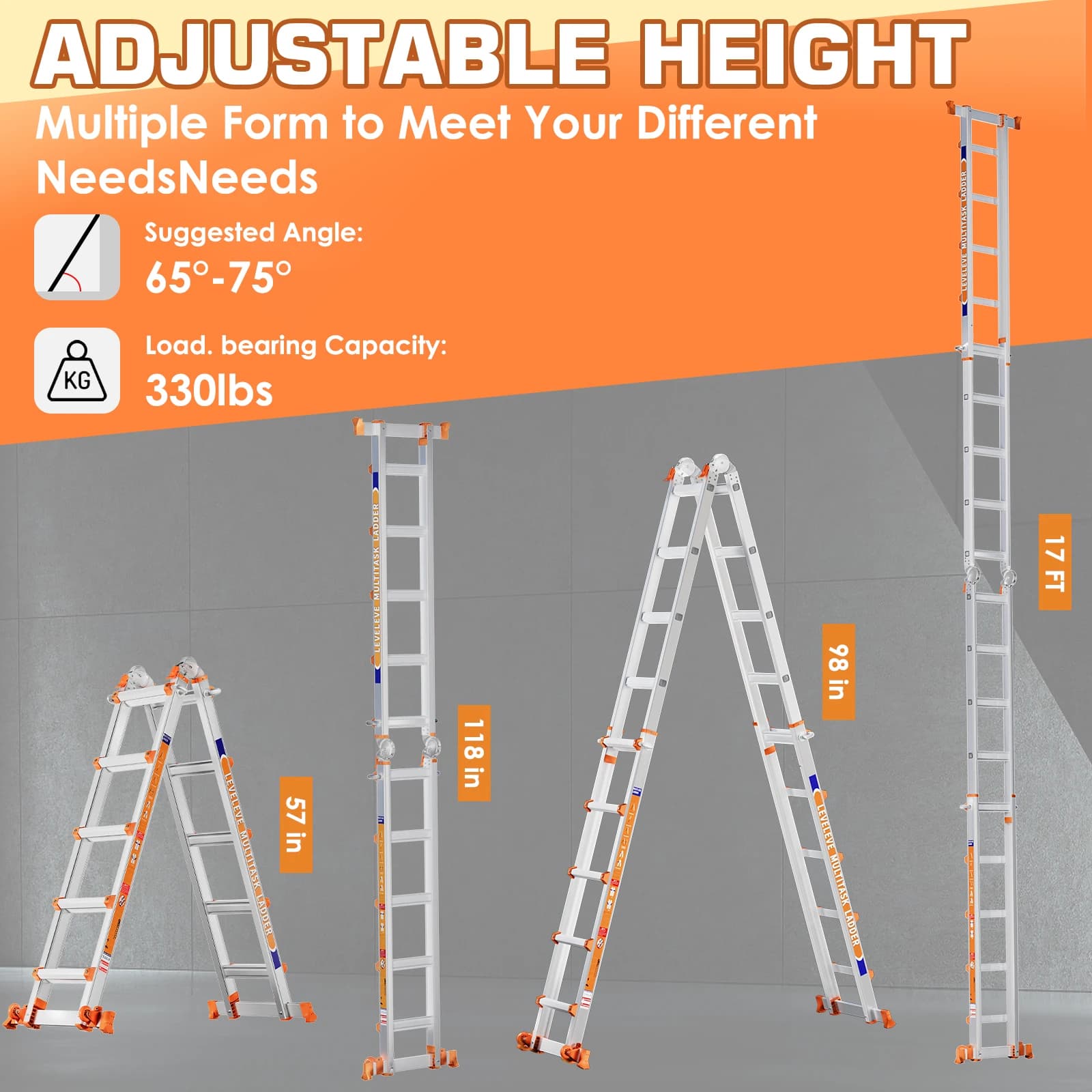 17FT Telescoping A-Frame Ladder | Multi-Position with Stabilizer Bar & Wheels | 330 lbs Security Load - Thumbnail 2