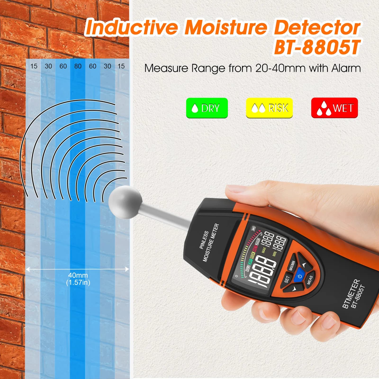 Pinless Wood Moisture Meter - Non-Contact Timber Damp Detector with LCD Screen - Thumbnail 2