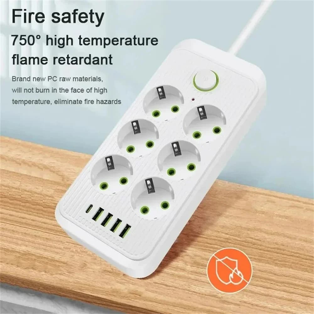 Surge Protector Power Strip | 2m Extension Cord with Smart USB Charging | EU Plug - Thumbnail 6