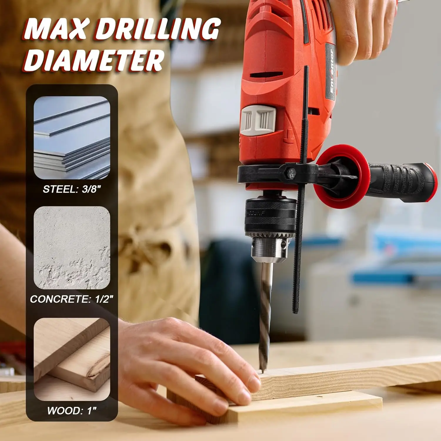 900W Hammer Drill | 7.5 Amp Motor | 1/2 Chuck for Metal & Wood | Variable Speed & Lightweight Design - Thumbnail 5