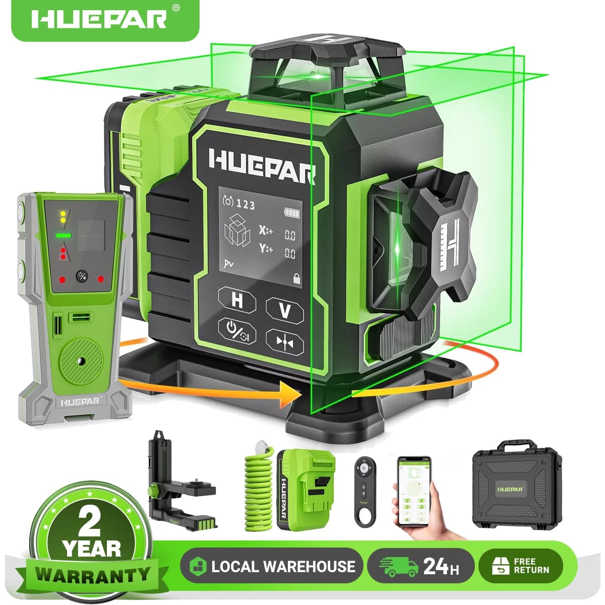 3D Laser Level | 12 Green Lines with Bluetooth | Electric Rotating Base & LCD Remote - Thumbnail 2