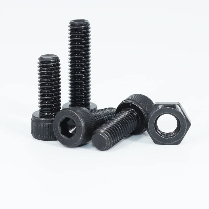 Hex socket screw kit with DIN912 black grade 12.9 carbon steel Allen bolts, nuts, and washers in sizes M2 to M6.
