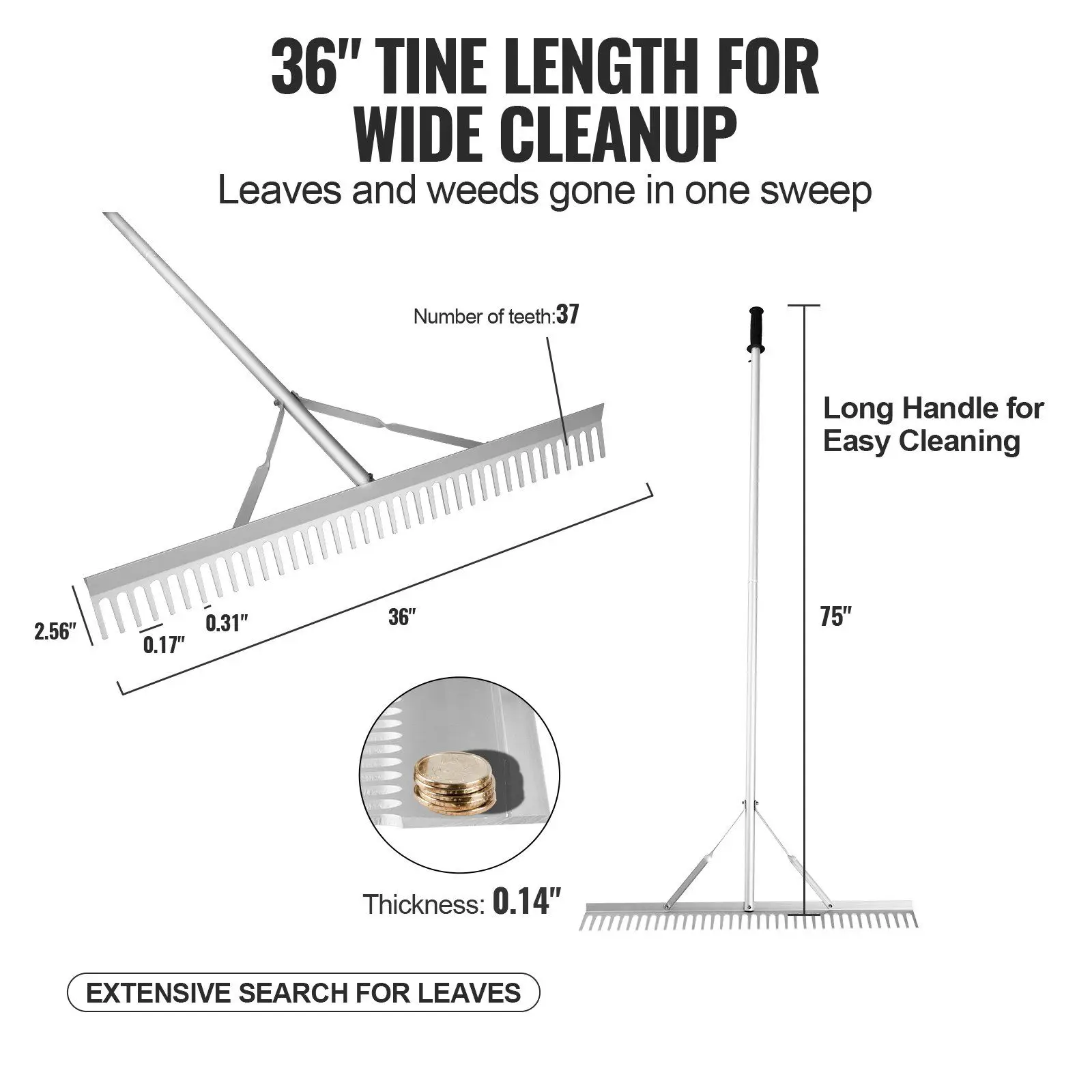 36in Aluminum Landscape Rake | Lightweight 75in Handle | Soil Loosening & Weeding Tool - Thumbnail 2