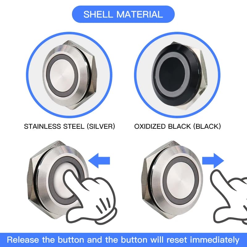 Momentary Push Button Switch | IP65 Waterproof | 12V/220V LED | 16-30mm Sizes - Thumbnail 3