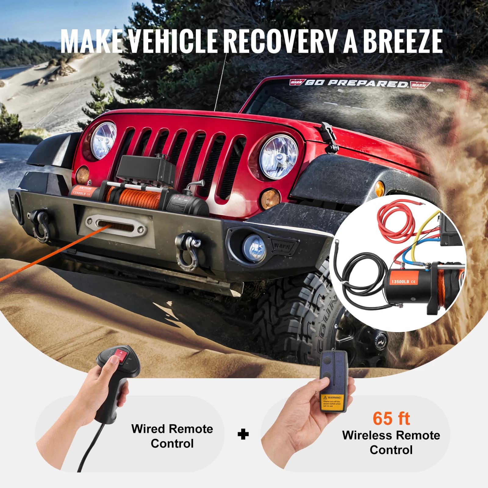 13,500lb Electric Winch | Wireless Remote Control | 80ft Synthetic Rope for Off-Road Recovery - Thumbnail 5