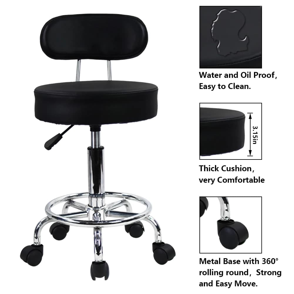 Rolling Stool | PU Leather Drafting Chair with Footrest | Home Office & Computer Task Chair - Thumbnail 3