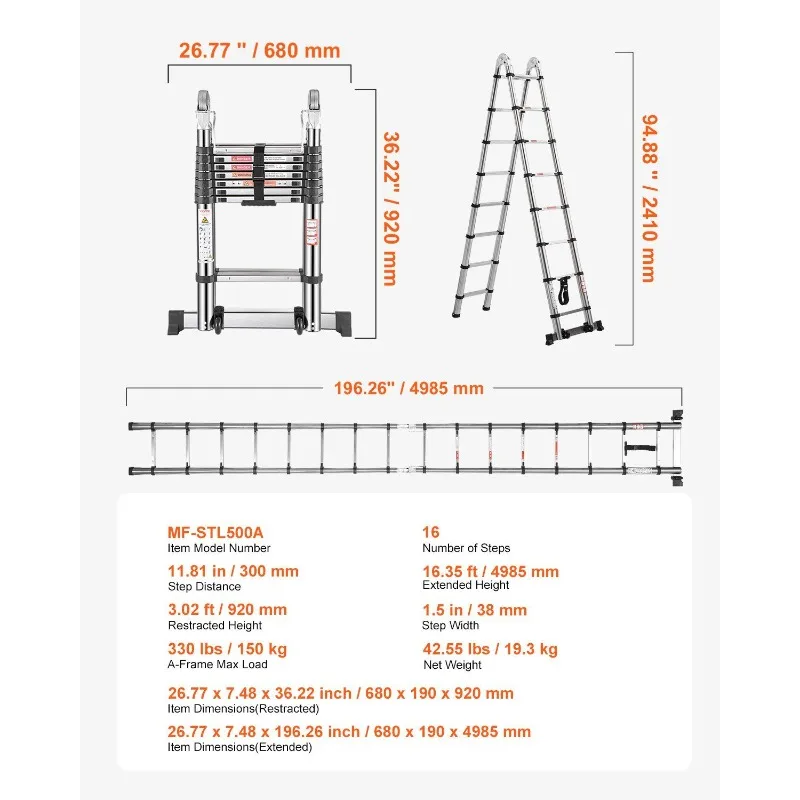 Telescoping Ladder | 16.5ft Stainless Steel Extension | A-Frame Step Ladder Design - Thumbnail 2
