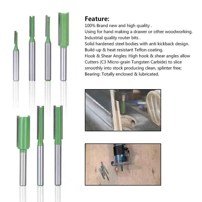 7-Piece Straight Router Bit Set | 6mm/1/4 Shank | Single & Double Flute Wood Milling Cutters - Thumbnail 3