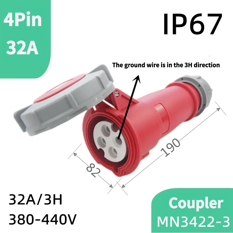 Heavy-Duty 4-Pin 32A Industrial Plug & Socket | 380-440V Marine-Grade Connector | MN3412 - Thumbnail 5