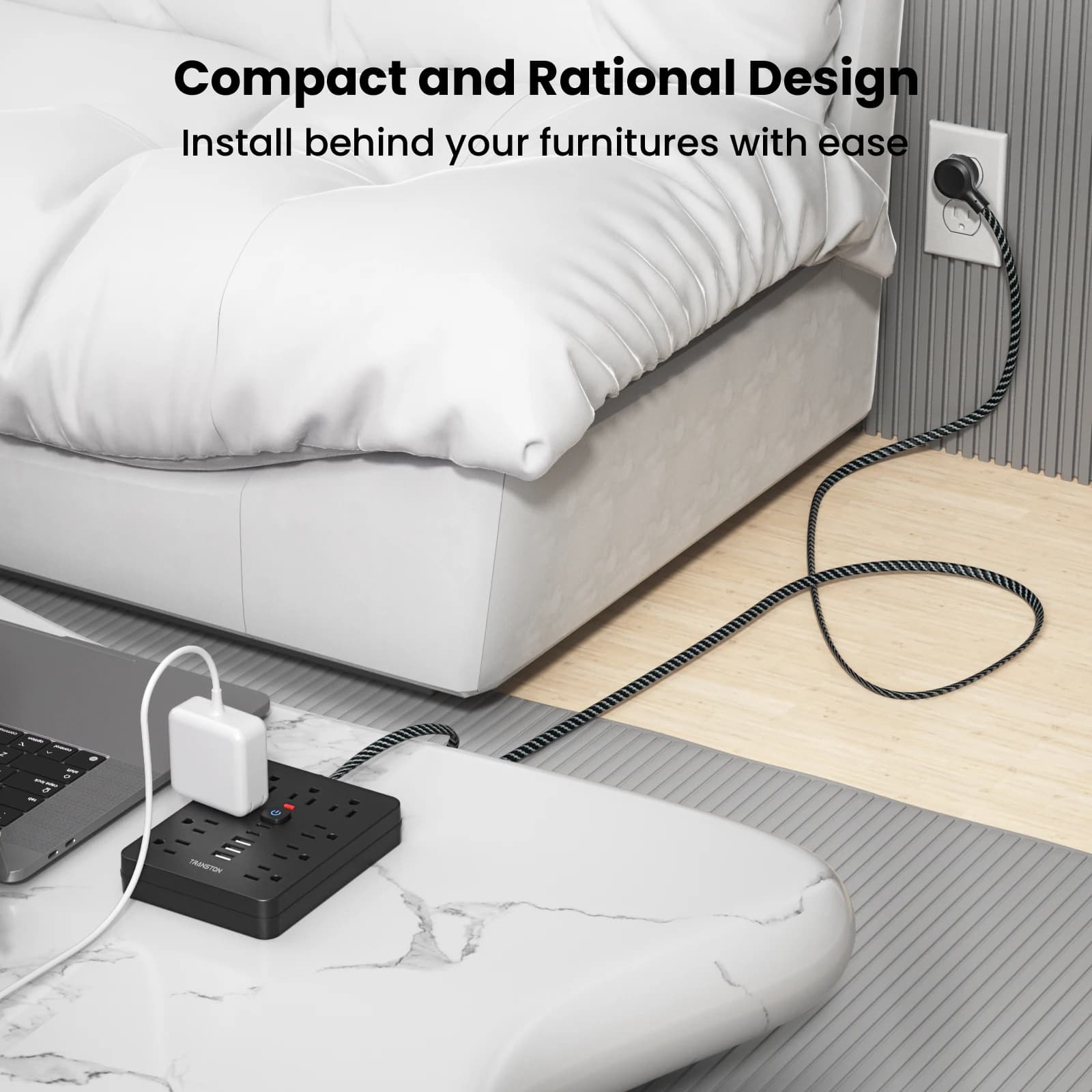 TRANSTON   power strip surge protector with 9 Ac Outlets,3 USB & 2 USB-C,5ft Cable,Weaving thread,45° tilt plug,Black - Thumbnail 5