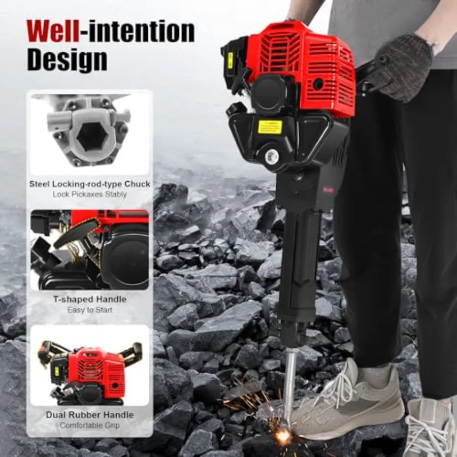 52cc Gas-Powered Demolition Hammer | Heavy-Duty Concrete Breaker & Jackhammer - Thumbnail 4