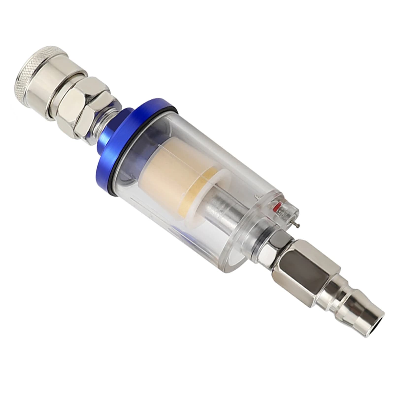 1/4 Inch NPT Air Compressor Water Trap Moisture Separator Filter with clear bowl, brass fittings, and manual drain for paint sprayers.