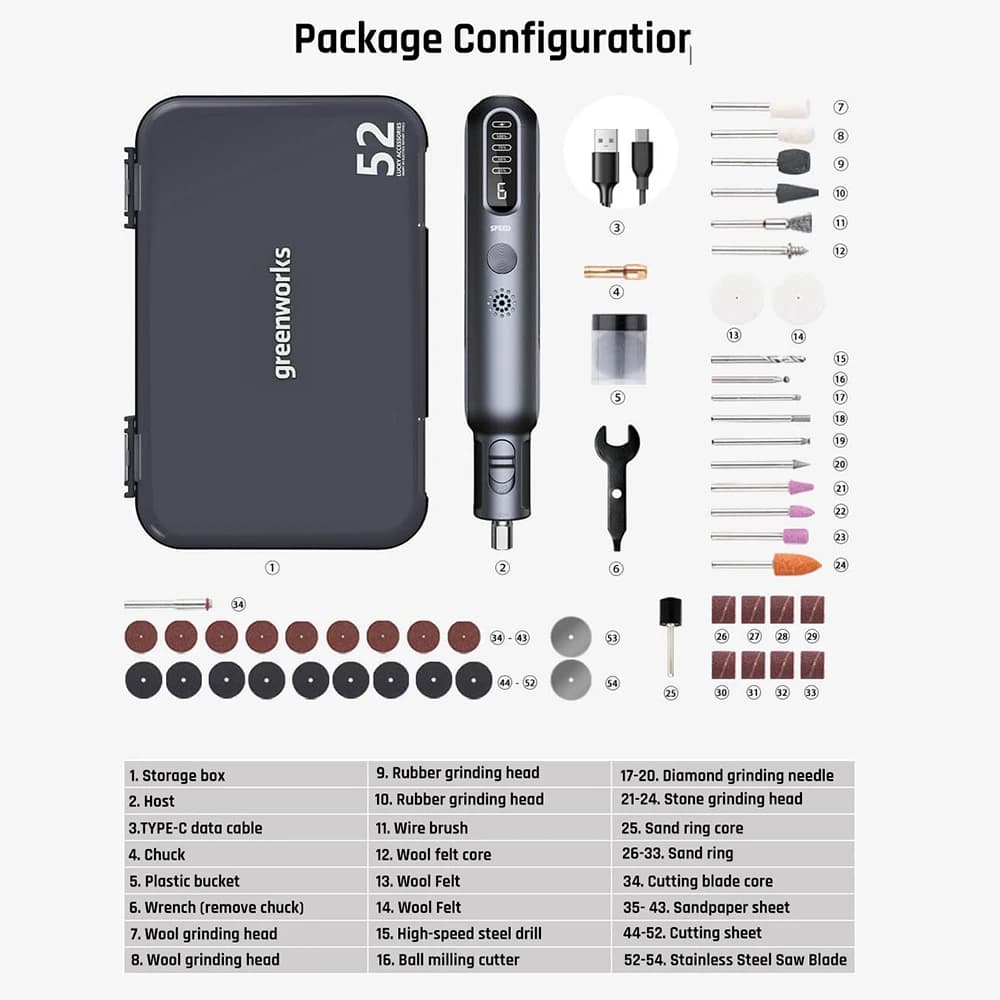 Cordless Rotary Tool Kit | 8V Lithium Battery | 80W Power | 52-Piece Accessory Set | Variable Speed USB Charging - Thumbnail 3