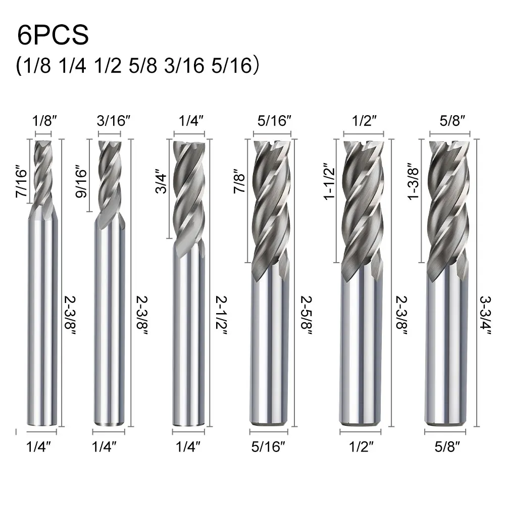 Milling Cutter Set | 4 Flute End Mills 1/16-5/8 | CNC Router Bits for Metal - Thumbnail 3