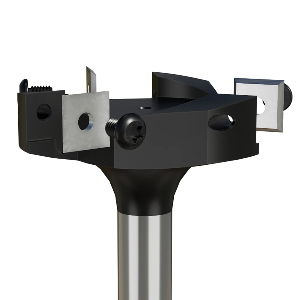 CNC surfacing router bit with insert-style design for spoilboard facing, end milling, planing, and slotting in wood materials.