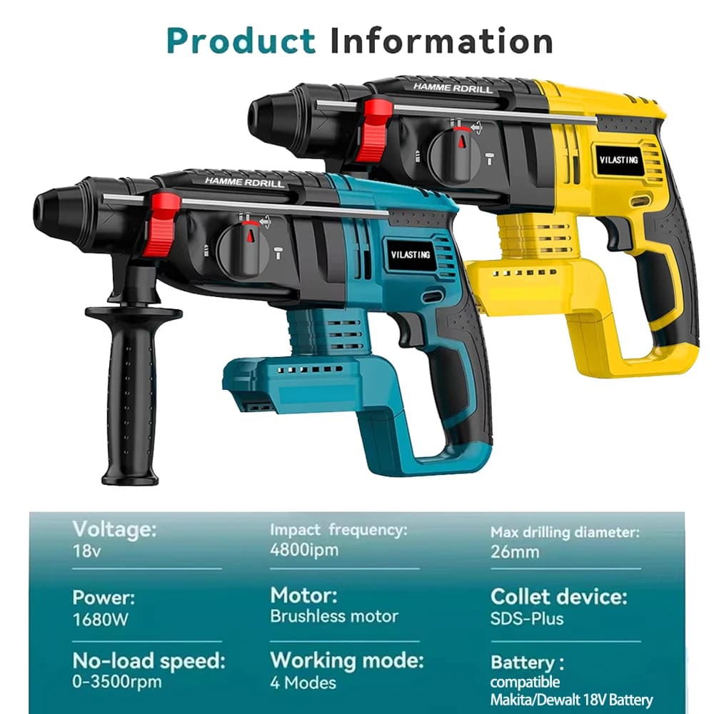 Professional 26mm Brushless Hammer Drill | Cordless Rotary Tool for DeWalt & Makita 18V Batteries - Thumbnail 4