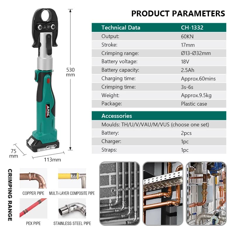 Hydraulic Pipe Crimping Tool | High-Power Li-ion Battery | Portable Stainless Steel Crimper - Thumbnail 6