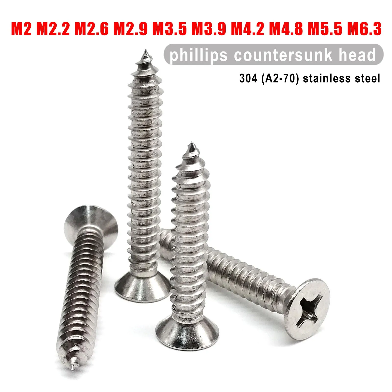 Self-Tapping Wood Screws | 304 Stainless Steel | Phillips Flat Head (M2-M6.3) - Thumbnail 2