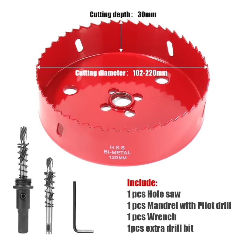 Bi-Metal Hole Saw Kit | Cuts Aluminum, Iron & Stainless Steel | M42 102-220mm Drill Bit - Thumbnail 2