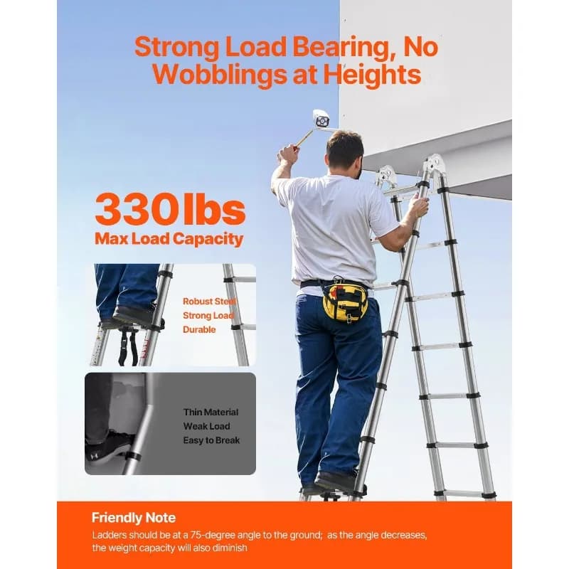 Telescoping Ladder | 16.5ft Stainless Steel Extension | A-Frame Step Ladder Design - Thumbnail 3