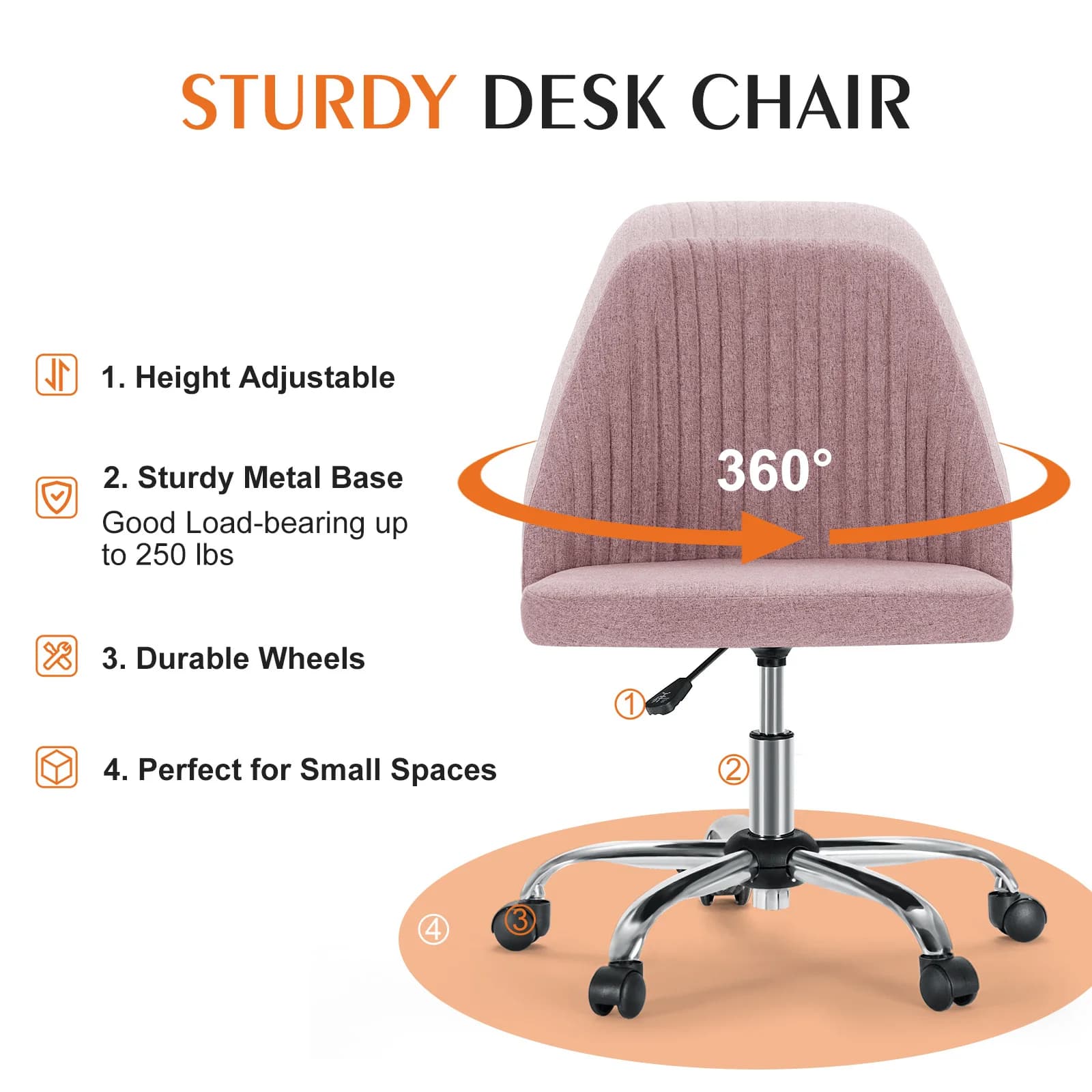 Armless Desk Chair | Modern Fabric Swivel | Cute Vanity & Home Gaming Task Chair - Thumbnail 3